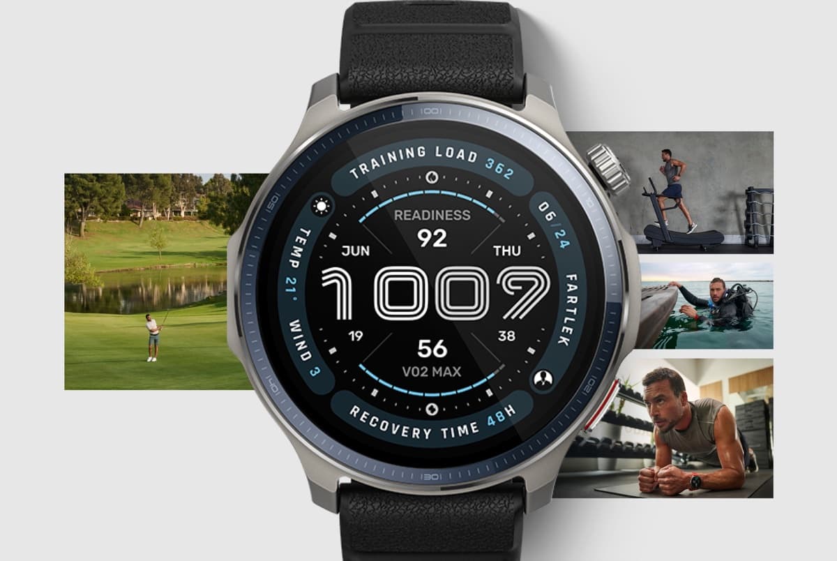 Amazfit Balance 2 smartwatch with a black leather band, showing its training-load and readiness watch face