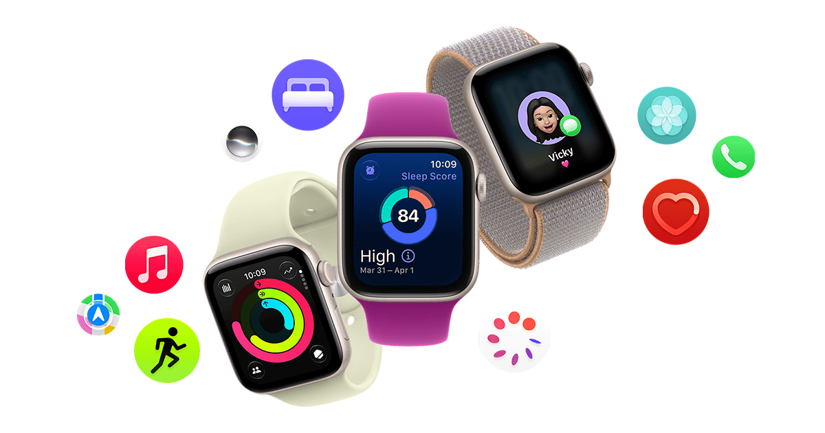 Apple Watch SE 3 shown with app icons floating around it, displaying fitness and messaging screens.