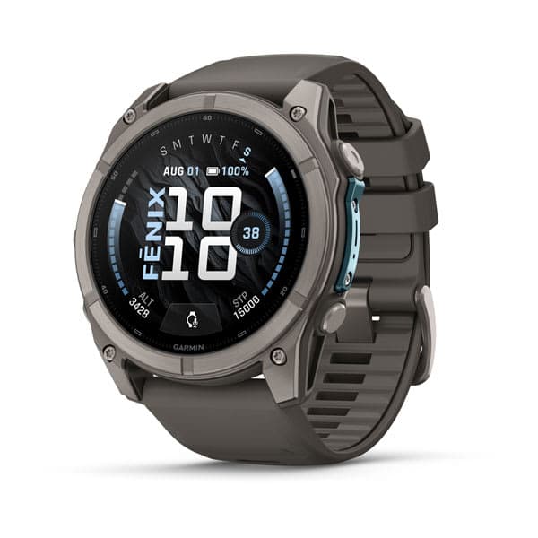 Garmin fēnix 9 smartwatch in titanium with a gray silicone band, showing its AMOLED watch face