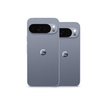 Two Google Pixel 10 Pro phones in Moonstone, shown from the back with the camera bar visible.