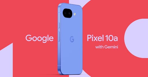 Google Pixel 10a in blue, shown from the front with the Gemini branding visible on screen.