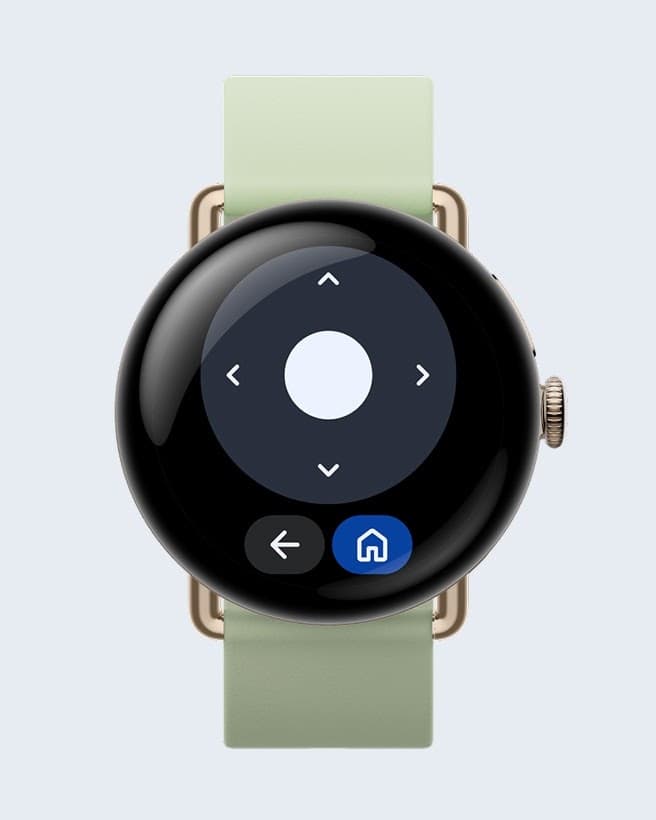 Google Pixel Watch 4 in Champagne Gold with a sage green band, showing the accessibility menu.