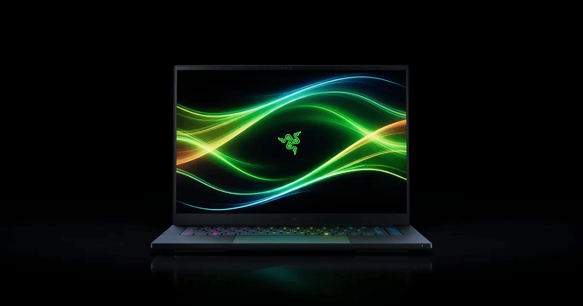 Razer Blade 16 shown open from the front, displaying the Razer logo and RGB keyboard lighting.
