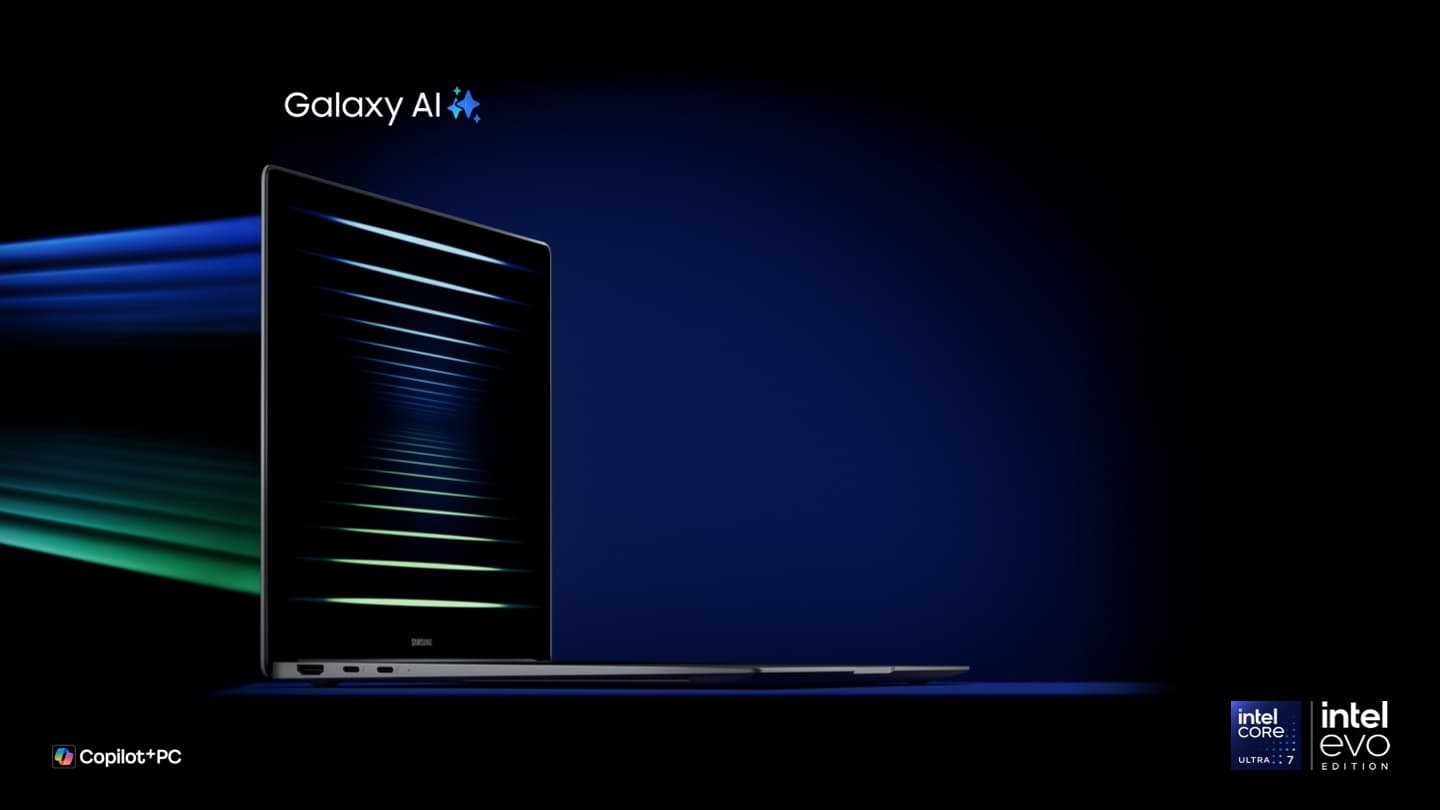 Samsung Galaxy Book5 Pro open, showing the Samsung logo and Galaxy AI branding