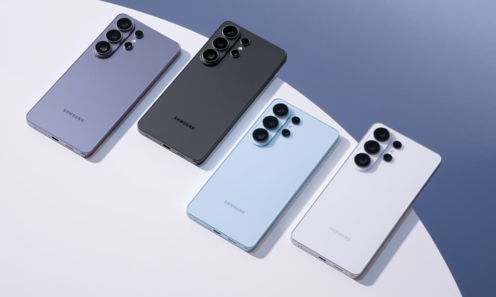 Four Samsung Galaxy S26 Ultra phones in Sky Blue, Black, White, and Cobalt Violet, showing the rear camera module.