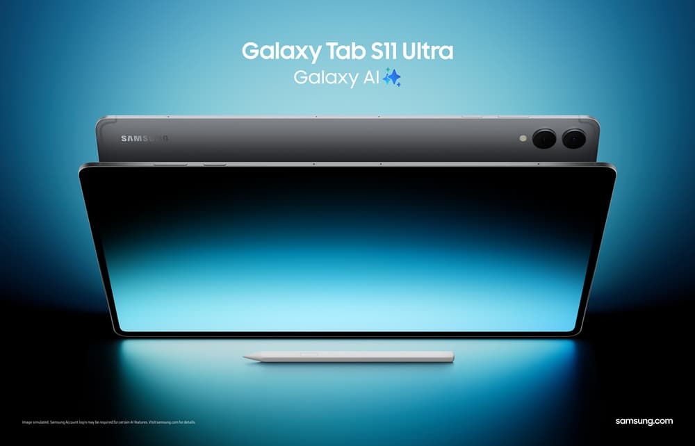 Samsung Galaxy Tab S11 Ultra shown with its S Pen, displaying a blue gradient screen with 'Galaxy Tab S11 Ultra' branding.