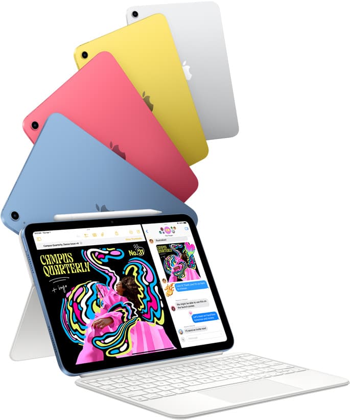 iPad (11th generation) in silver, blue, pink, and yellow, with one iPad attached to the Magic Keyboard Folio.