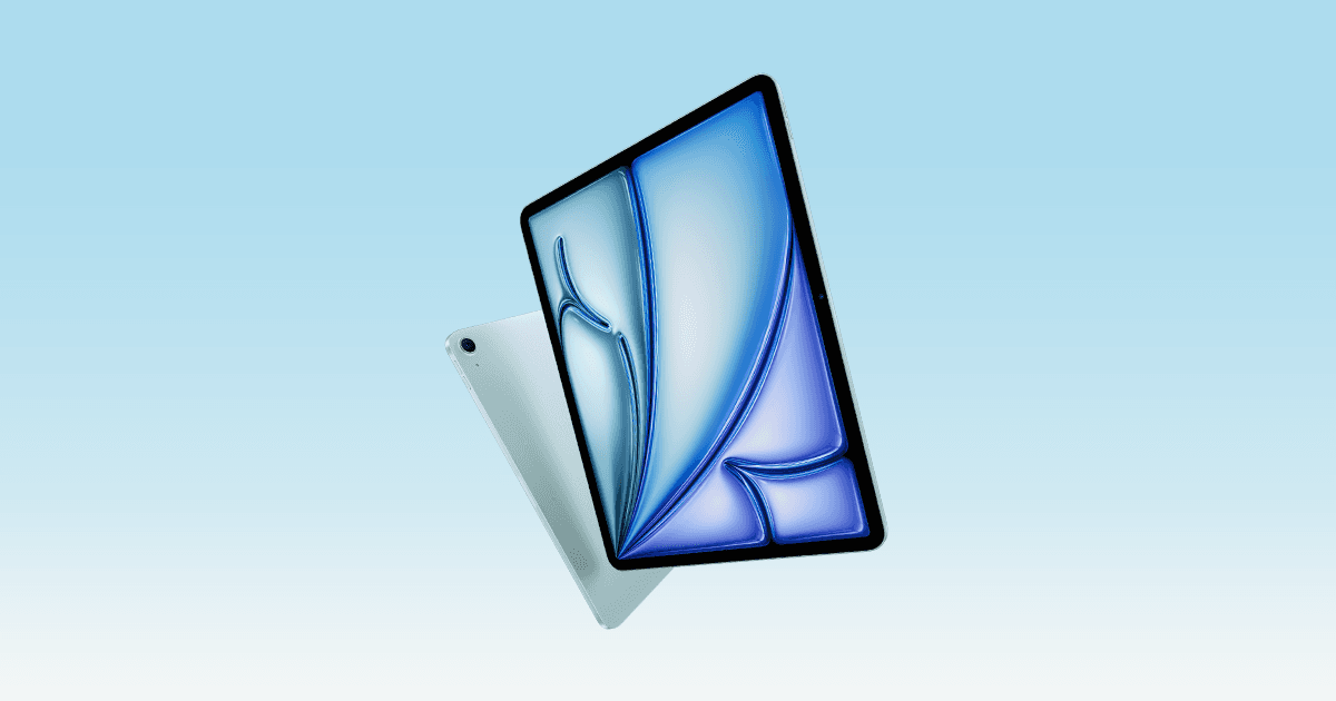 iPad Air in Blue, shown at an angle with the Liquid Retina display facing the camera.