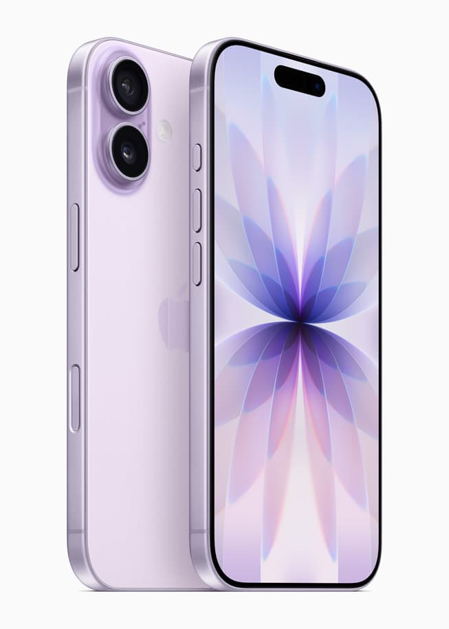 Two iPhone 17 devices in lavender, showing the front and back of each.
