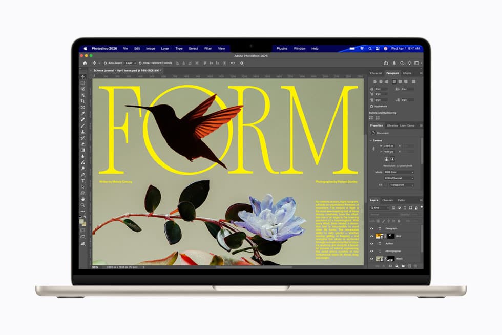 MacBook Air with M5 shown open, displaying Adobe Photoshop.