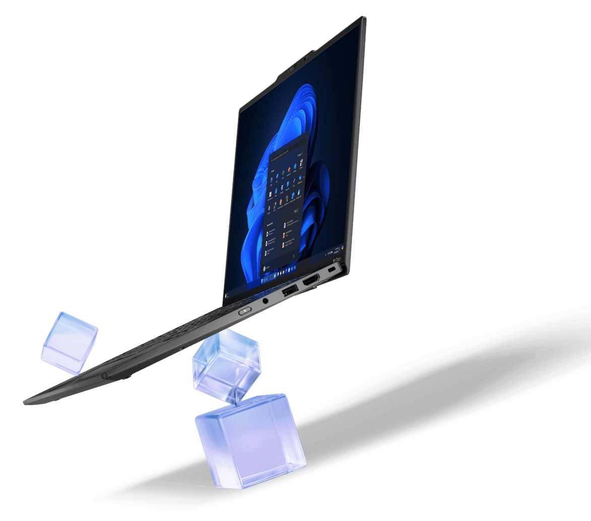 Lenovo ThinkPad X1 Carbon Gen 13 laptop shown open at an angle, balanced on its edge to illustrate its light weight.