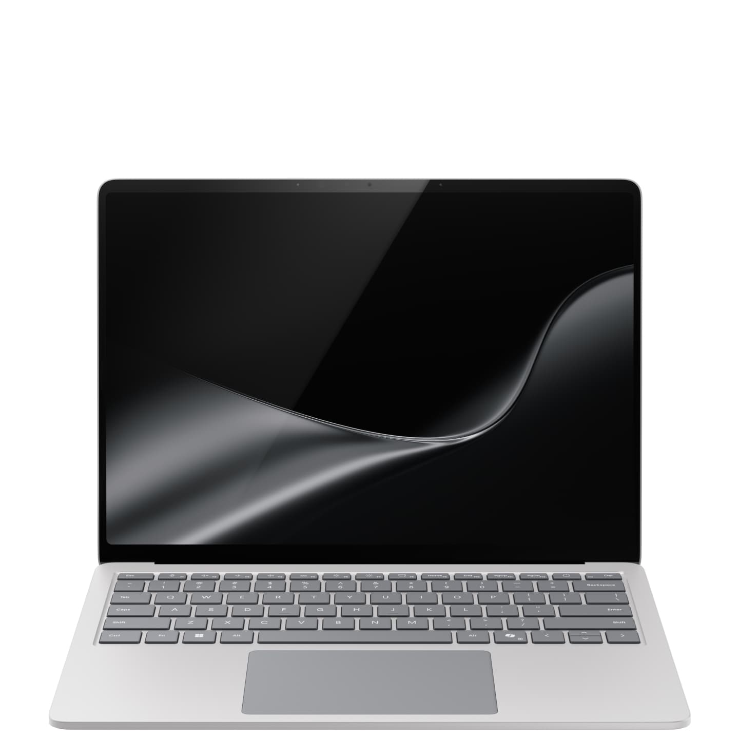 Microsoft Surface Laptop in Platinum, shown fully open from the front with the keyboard and display visible.