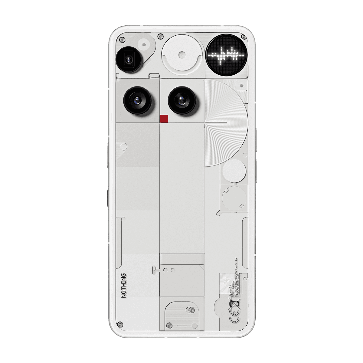 Nothing Phone (3) shown from the back, with its transparent white panel and visible camera modules.