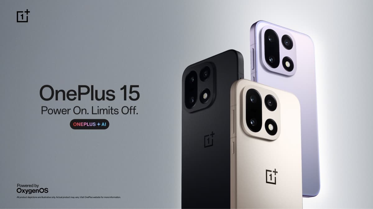 OnePlus 15 in black, white, and purple colorways showing the triple rear camera module