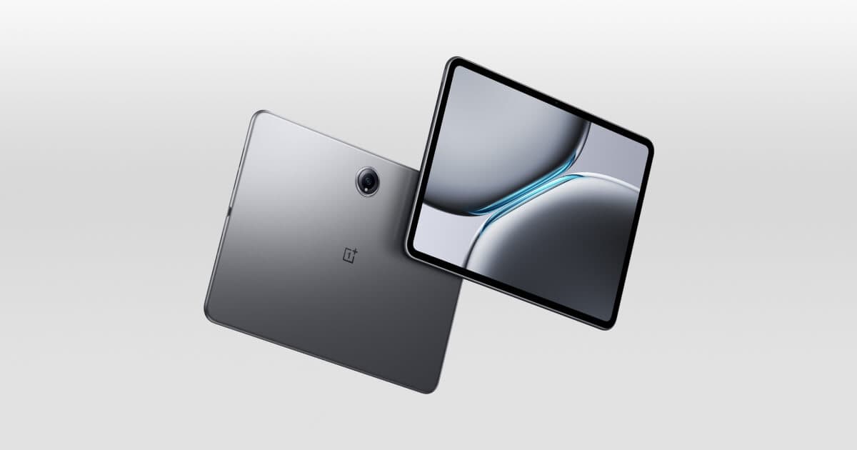 OnePlus Pad 2 shown from the front and back in Nimbus Gray.