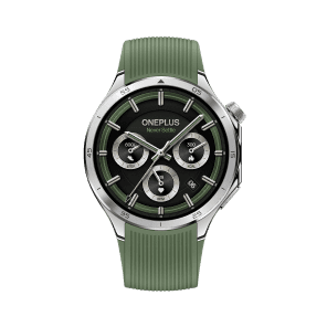 OnePlus Watch 3 with a green silicone band and steel bezel, displaying a chronograph-style watch face.