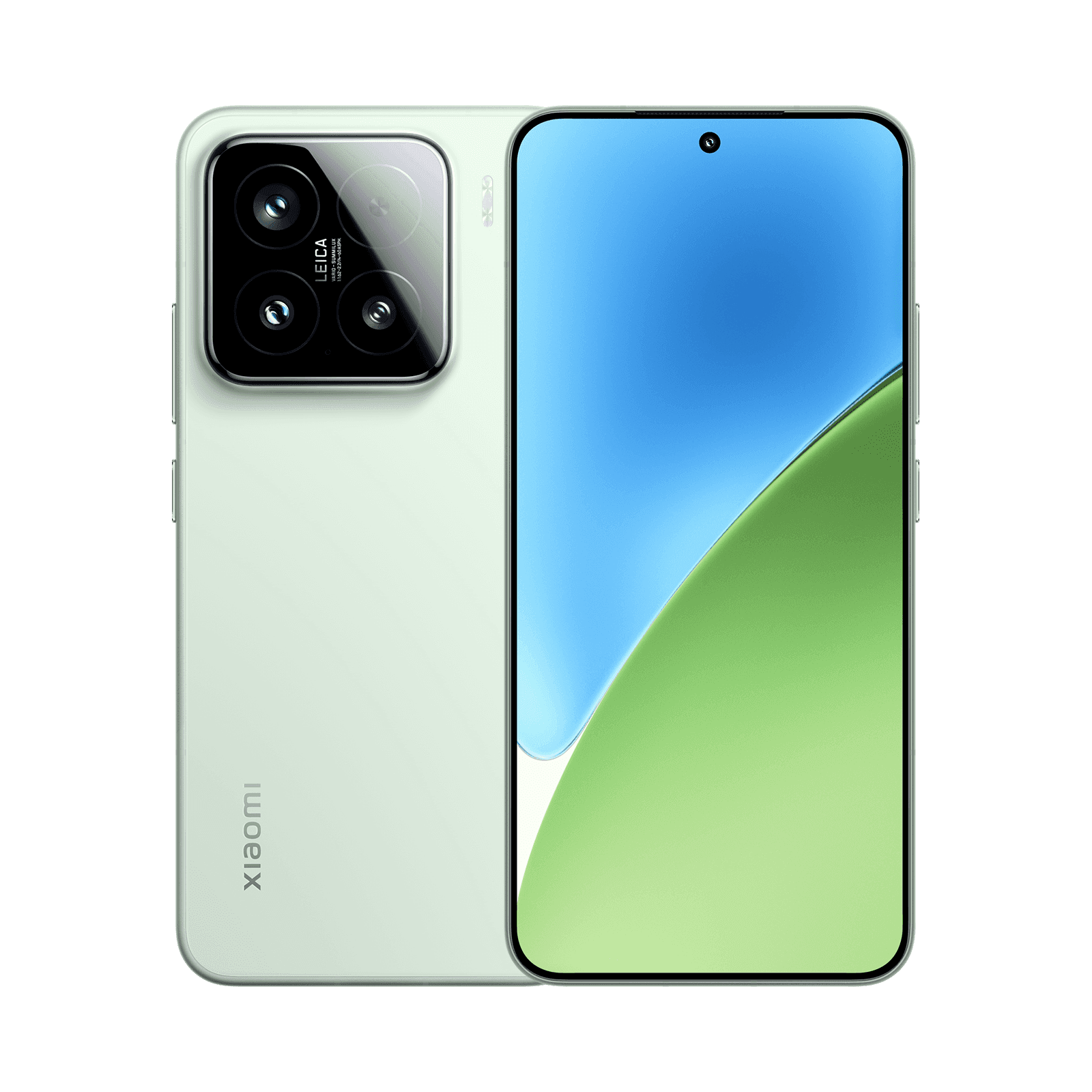 Xiaomi 15 in green, shown from the front and back, with the Leica triple camera module visible.