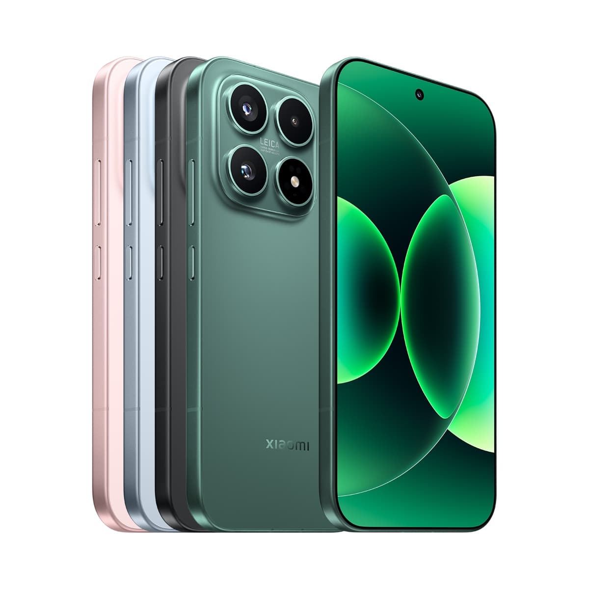 Xiaomi 17 in green, shown from the back with its Leica triple-camera module, alongside pink, blue, and black colorways