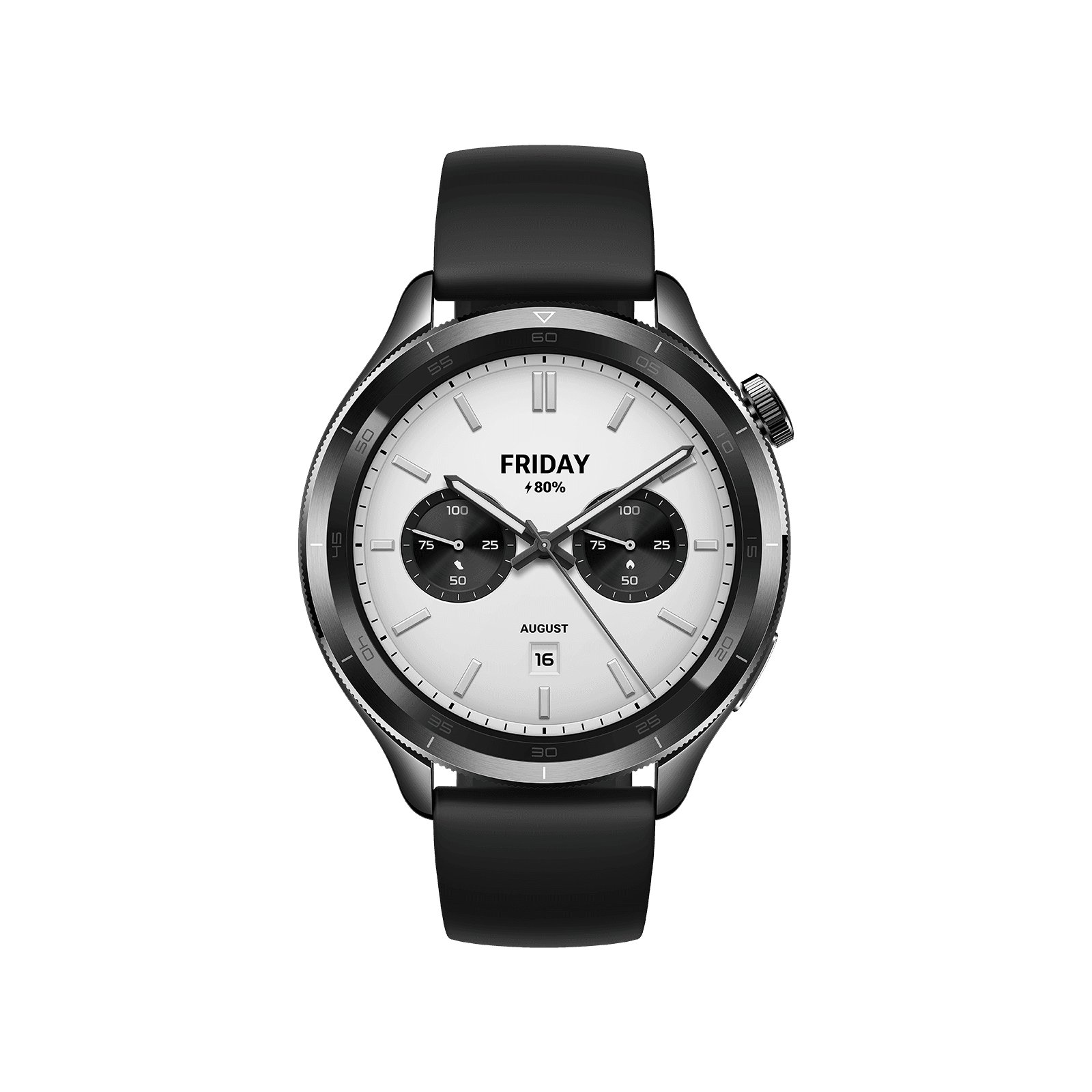 Xiaomi Watch S4 with black silicone strap, showing a chronograph-style watch face